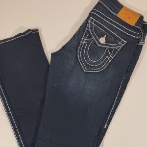 True Religion Dark Indigo Skinny Jeans with White Contrast Stitching